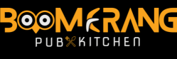 Boomerang Pub & Kitchen logo with stylized owl eyes and orange typography